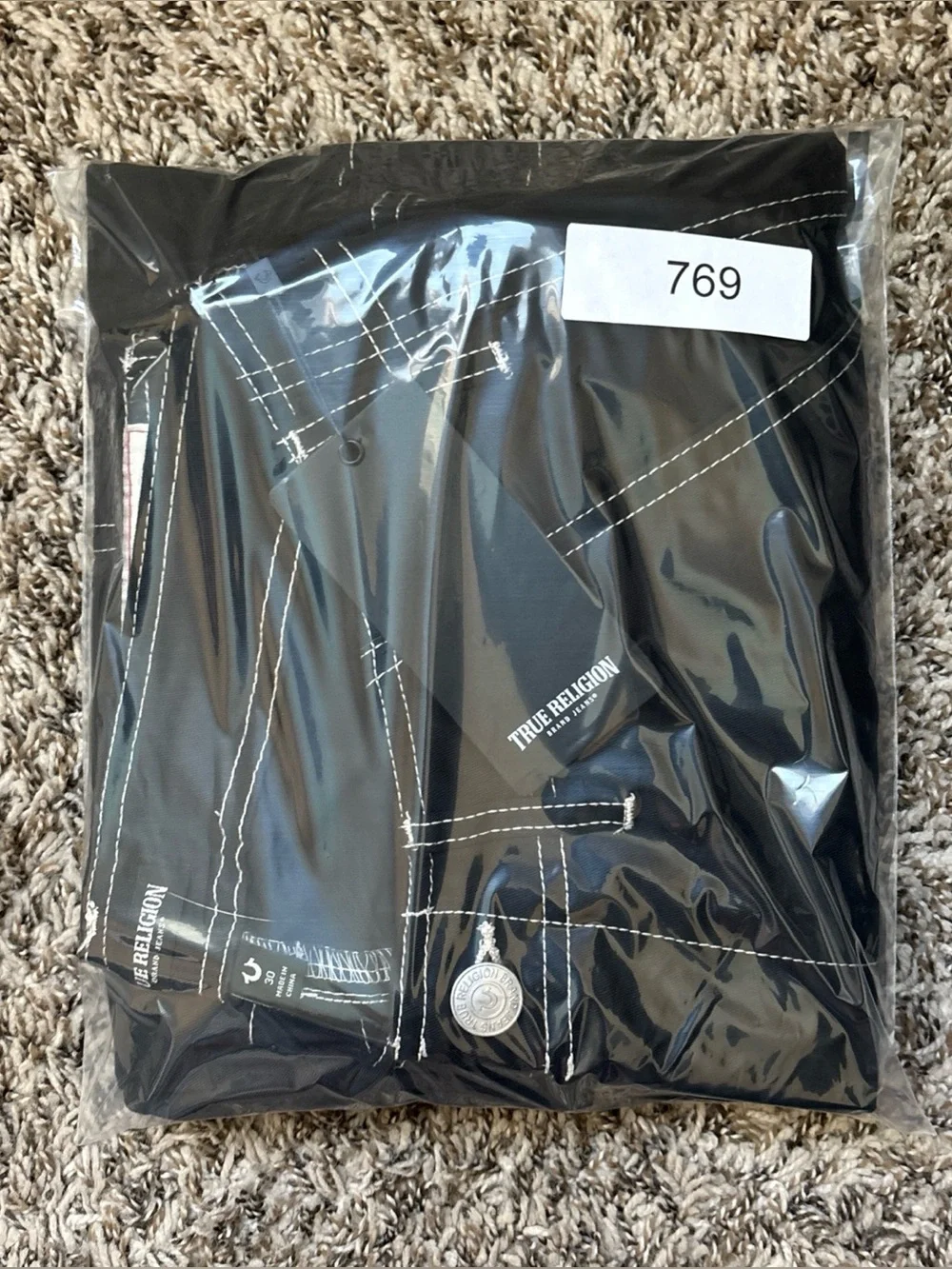 True Religion Black Cargo Pants with White Contrast Stitching
